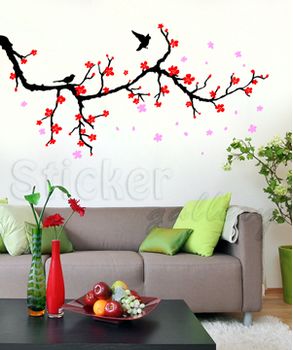 αυτοκόλλητο τοιχου κλαδι κερασιας με πουλακια και λουλούδια